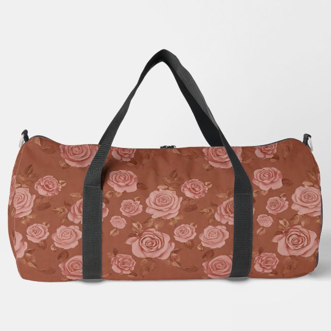 Blush Pink Rose On Brown Leather Look  Duffle Bag (Front)