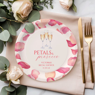 Blush Pink Rose Petals and Prosecco Bridal Shower Paper Plate