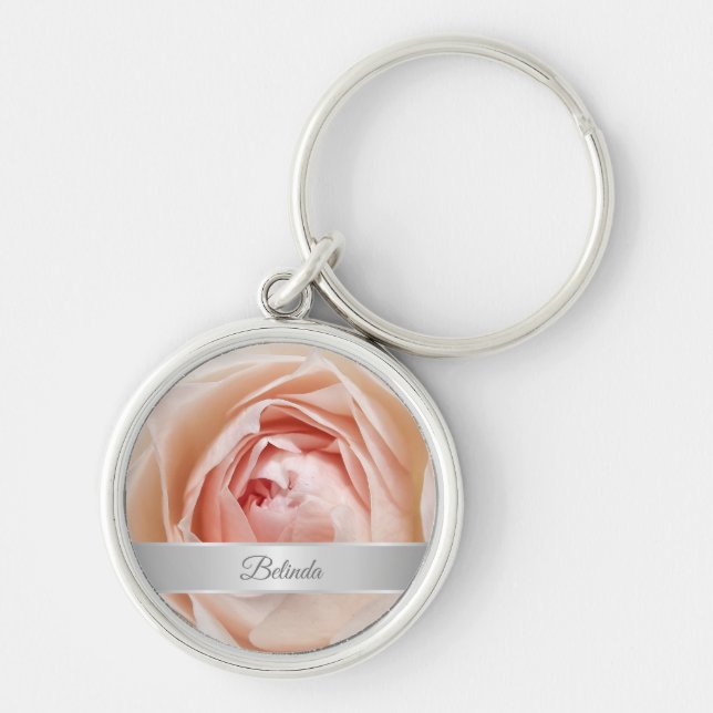 Blush Pink Rose Photo Silver Keychain (Front)