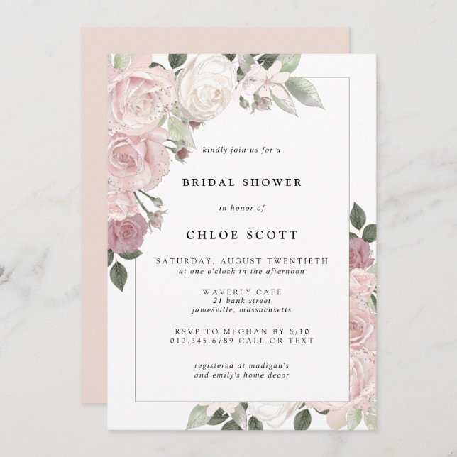Blush Pink Rose Rustic Floral Bridal Invitation (Front/Back)