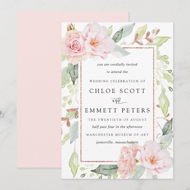 Blush Pink Rose Rustic Floral Wedding Invitation (Front/Back)