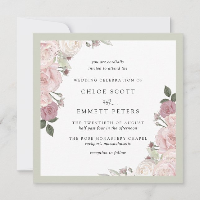 Blush Pink Rose Rustic Floral Wedding Invitation (Front)