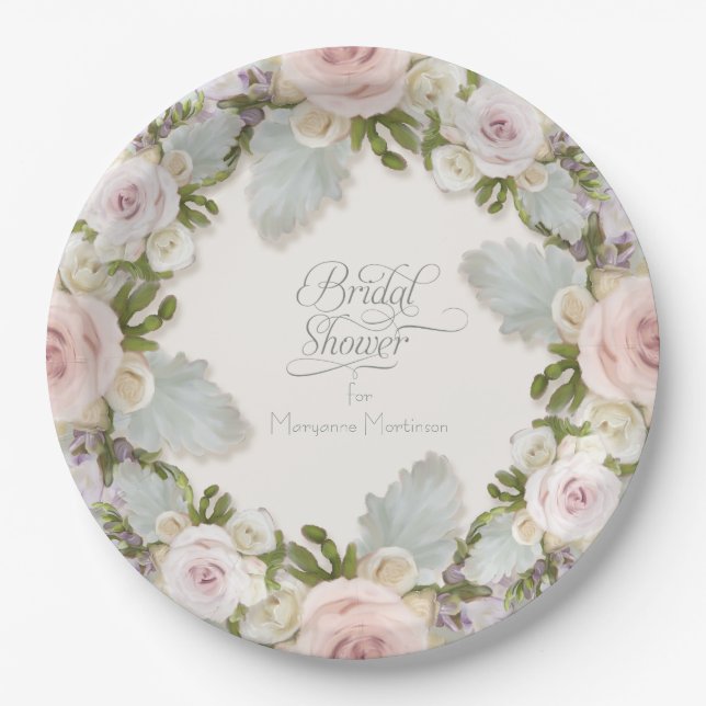 Blush Pink Rose Succulent Foliage Bridal Shower Paper Plate (Front)