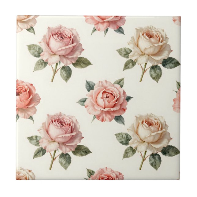 Blush Pink Rose Vintage Floral Pattern Tile (Front)