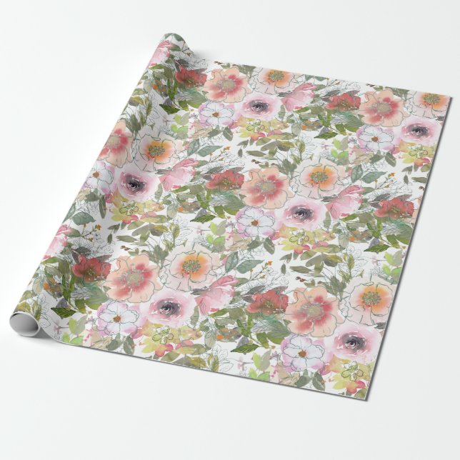 Blush Pink Rose Watercolor Floral Greenery Wrapping Paper (Unrolled)