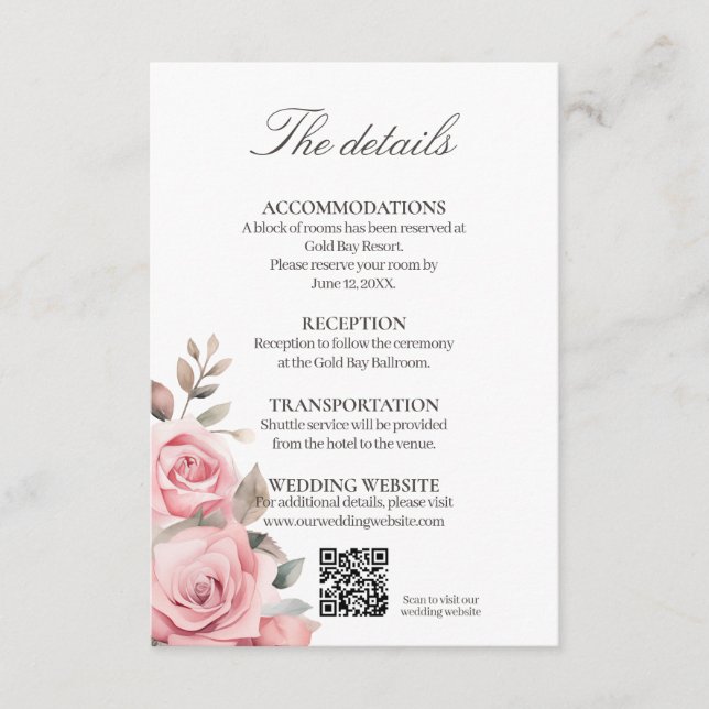 Blush Pink Rose Wedding Details Enclosure Card (Front)