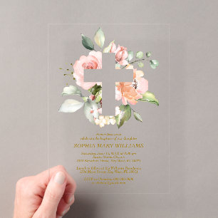 Blush Pink Rose & White Cross Girl Baptism Acrylic Invitations
