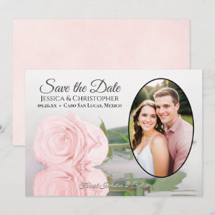 Blush Pink Rose with Oval Photo Romantic Wedding Save The Date