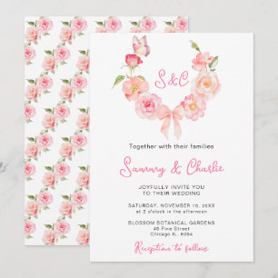 Blush Pink Rose Wreath Ribbon Wedding Invitation