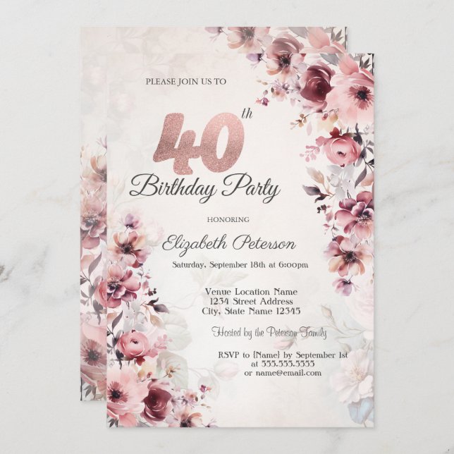 Blush Pink Roses 40th Birthday  Invitation (Front/Back)