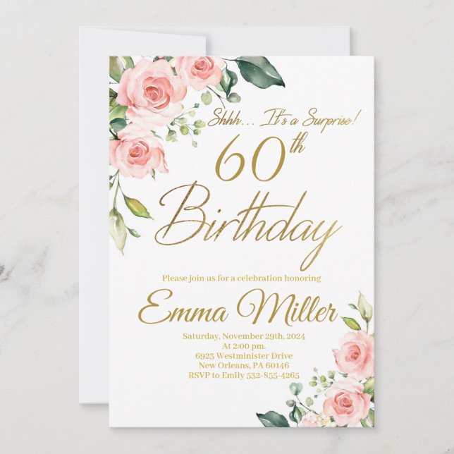 Blush Pink Roses 60th Birthday Party Invitation (Front)