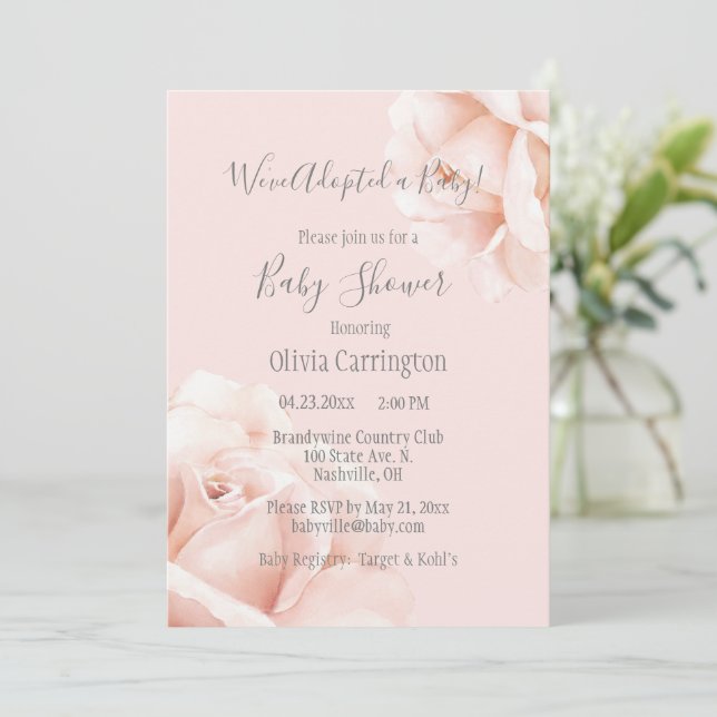 Blush Pink Roses Adoption Script Baby Shower Invitation (Standing Front)