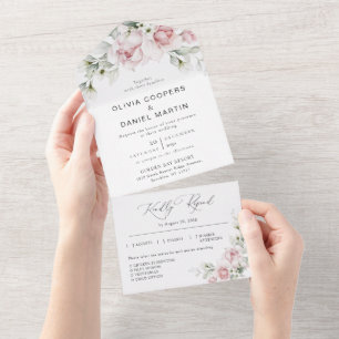 Blush Pink Roses All in One Wedding Invitation