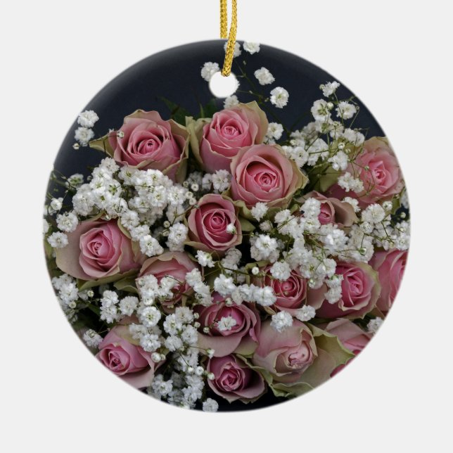 Blush Pink Roses and Baby's Breath Ceramic Ornament (Front)