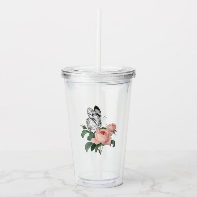 Blush Pink Roses and Butterfly Acrylic Tumbler (Front)