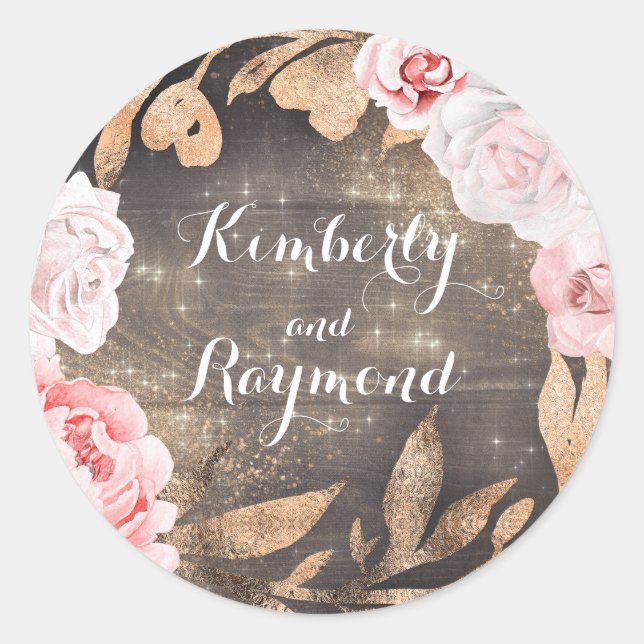 Blush Pink Roses and Peonies Rustic Gold Glitter Classic Round Sticker (Front)