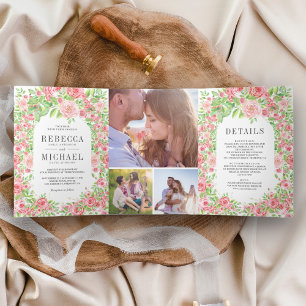 Blush Pink Roses Arch Floral Photo Collage Wedding Tri-Fold Invitation