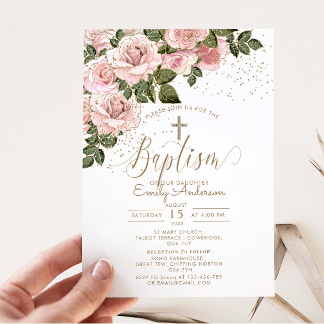 Blush Pink Roses Baptism Christening  Invitation (Creator Uploaded)