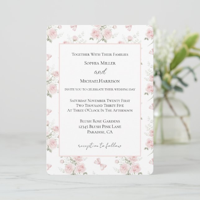 Blush Pink Roses Bows Wedding Invitation (Standing Front)