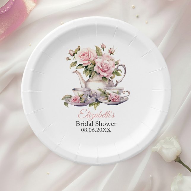 Blush Pink Roses Bridal Shower Tea Brunch Paper Plate (Blush Pink Roses Bridal Shower Tea Brunch Paper Plates on a table with a white rose.)