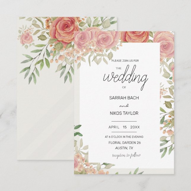 Blush pink roses bush watercolor art invitation (Front/Back)