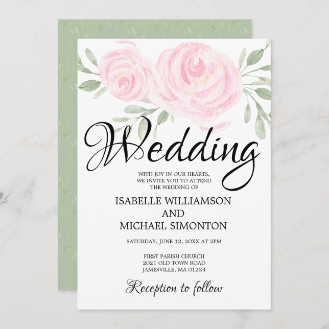 Blush Pink Roses & Calligraphy Wedding Invitations (Front/Back)