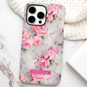 Blush Pink Roses Custom Name Floral iPhone 16 Pro Max Case