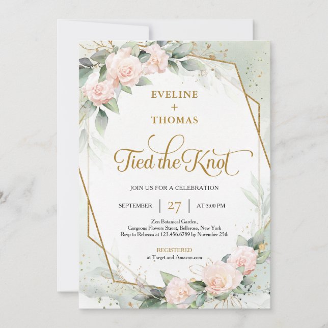 Blush pink roses eucalyptus gold tied the knot invitation (Front)