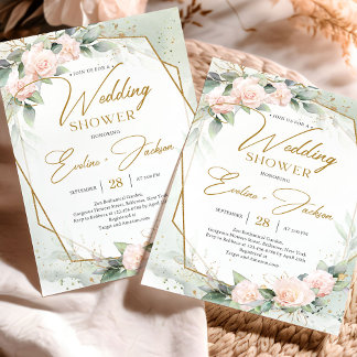 Blush pink roses eucalyptus gold Wedding Shower Invitation