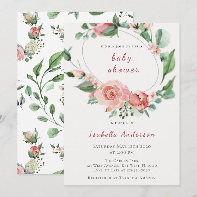 Blush Pink Roses Floral Baby Shower Invitation (Front/Back)