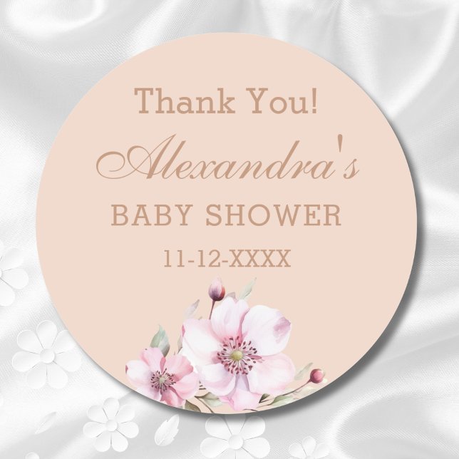  Blush Pink Roses Floral Baby Shower Thank You Classic Round Sticker (Creator Uploaded)