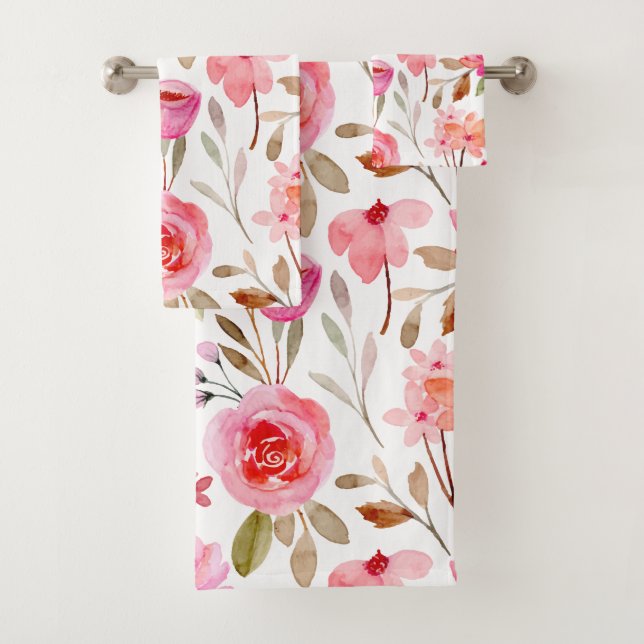 Blush Pink Roses Floral Girly Pattern Bath Towel Set (Insitu)