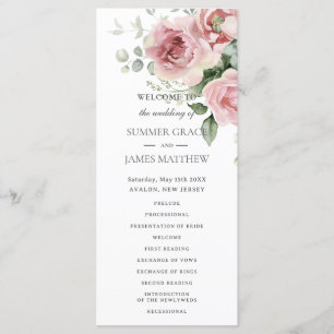 Blush Pink Roses Floral Greenery Wedding Program