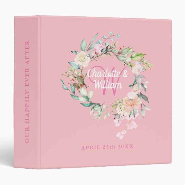 Blush Pink Roses Floral Monogram Wedding Album 3 R Binder (Front/Spine)