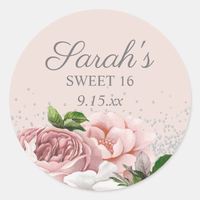 Blush Pink Roses Floral Silver Glitter Sweet 16   Classic Round Sticker (Front)