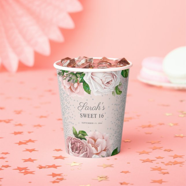 Blush Pink Roses Floral Silver Glitter Sweet 16   Paper Cups (Insitu)