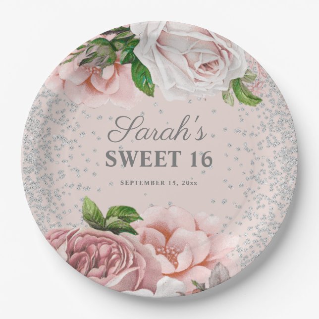 Blush Pink Roses Floral Silver Glitter Sweet 16   Paper Plate (Front)