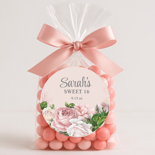 Blush Pink Roses Floral Silver Glitter Sweet 16  Round Paper Coaster (Elegant blush pink vintage roses Sweet 16 birthday favor bag sticker)