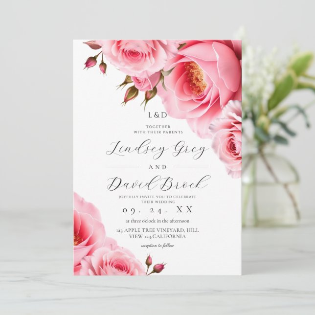 Blush Pink Roses Florals Wedding Invitation (Standing Front)
