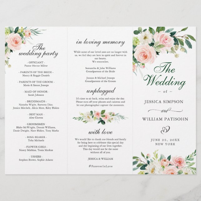 Blush Pink Roses Flowers Wedding Ceremony Program (Front)