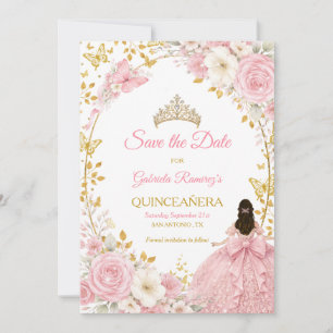 Blush Pink Roses Golden Quinceañera  Save the Date