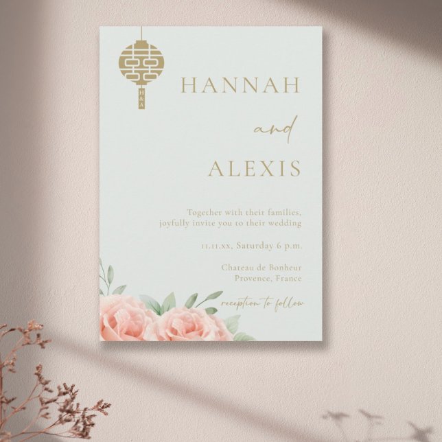 Blush Pink Roses Green Leaves Chinese Wedding  Invitation (Creator Uploaded)