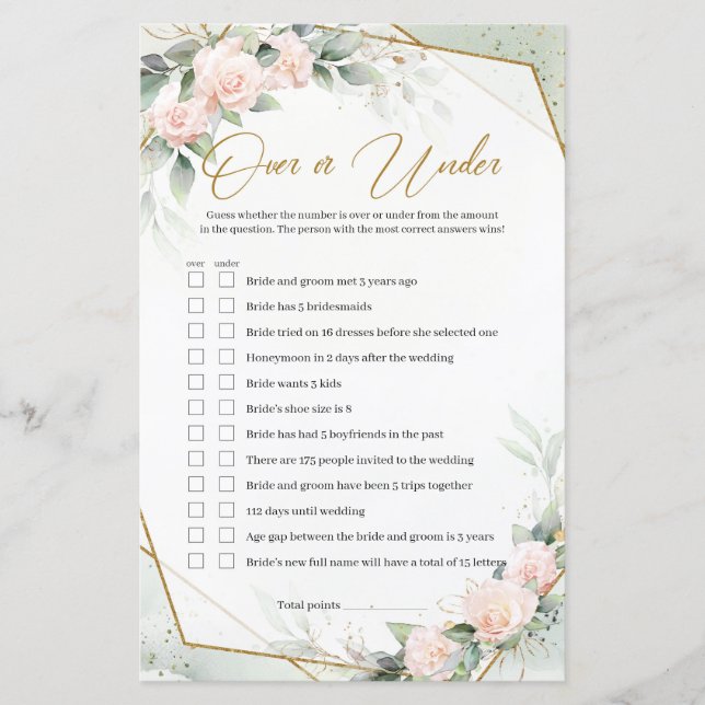 Blush pink roses greenery gold Over or Under Game (Front)