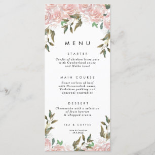 blush pink roses greenery wedding menu cards
