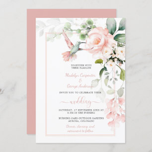 Blush Pink Roses, Hummingbird, and Sage Greenery Invitation
