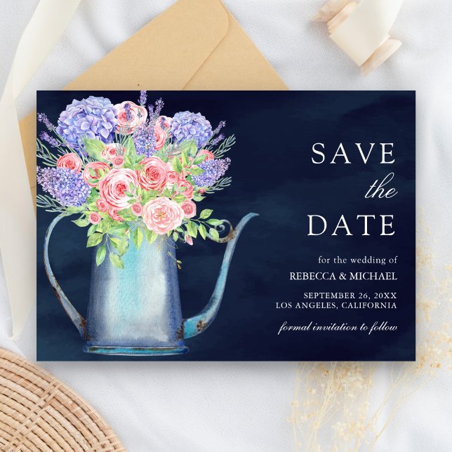 Blush Pink Roses Hydrangea Navy Blue Wedding Save The Date (Creator Uploaded)