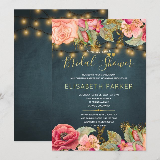 Blush pink roses lights navy gold bridal shower invitation (Front/Back)