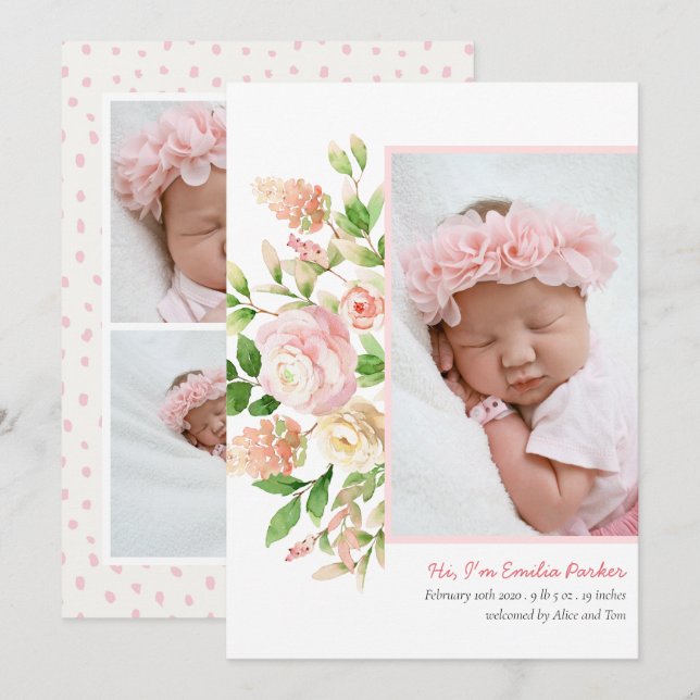 Blush Pink Roses | Modern Elegant Floral Birth Announcement (Front/Back)