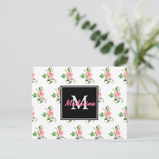 Blush Pink Roses Monogram Postcard (Standing Front)