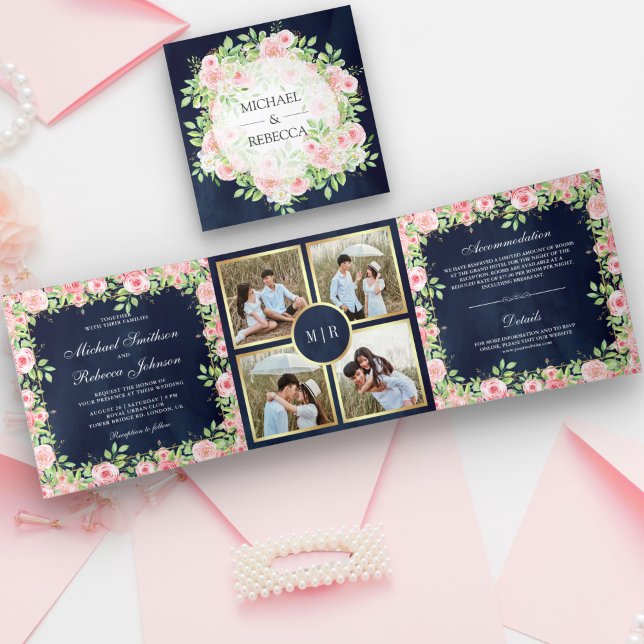 Blush Pink Roses Navy Blue Photo Collage Wedding Tri-Fold Invitation (Creator Uploaded)